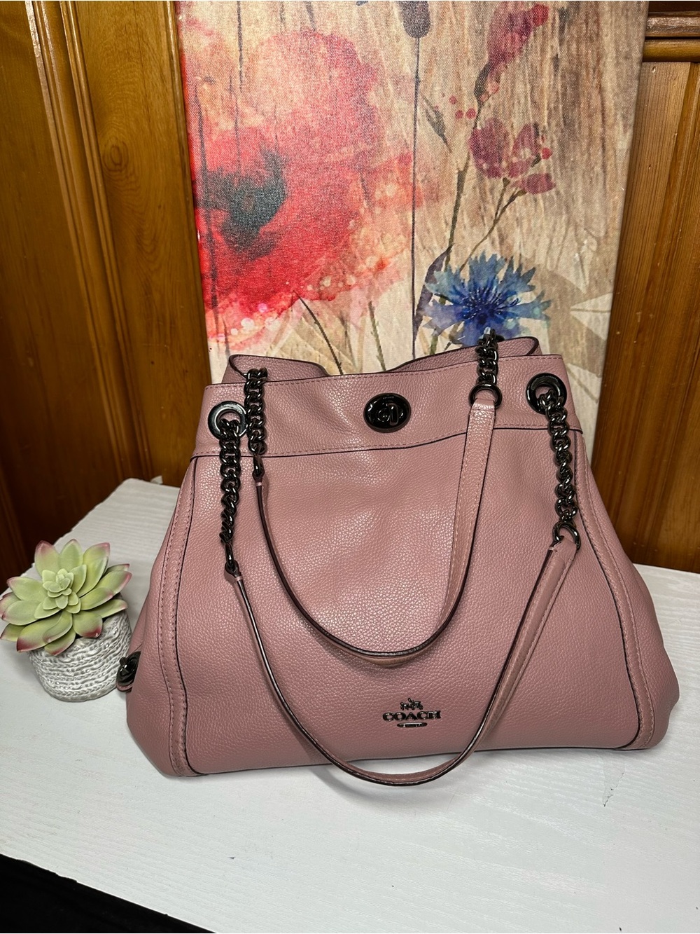 Coach Dusty Rose Pebbled Leather Shoulder Bag with Chain Straps - Picture 16 of 16